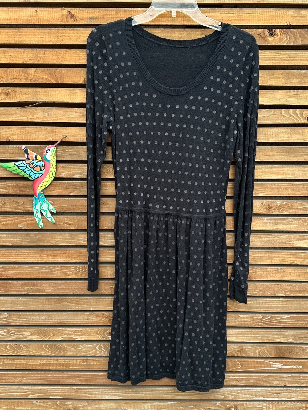 Kensie Long Sleeve Black Lightweight Sweater Dress With Polka Dots
